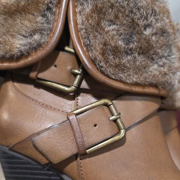JustFab McKinley Brown Block 3 Inch Heel Boots with Faux Fur Cuff - Picture 12 of 15